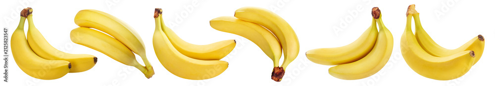 Obraz premium Set of six ripe banana pairs shown from different angles, isolated on transparent cutout background