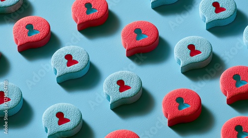 Rows of repeating speech bubbles with human icons in red and blue