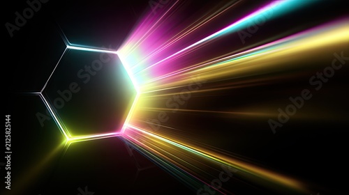 Luminous hexagonal portal with vibrant light streaks emanating into darkness