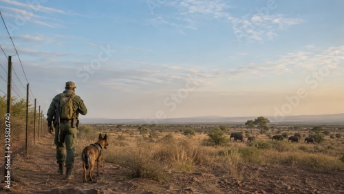  ranger with a dog patrols a vast, dry landscape to monitor and protect a distant herd of elephants under a partly cloudy sky.