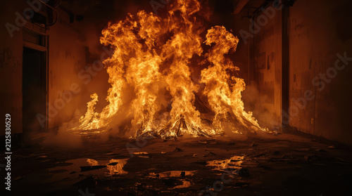 Towering flames consume empty apartment interior, thick smoke and intense heat fill room