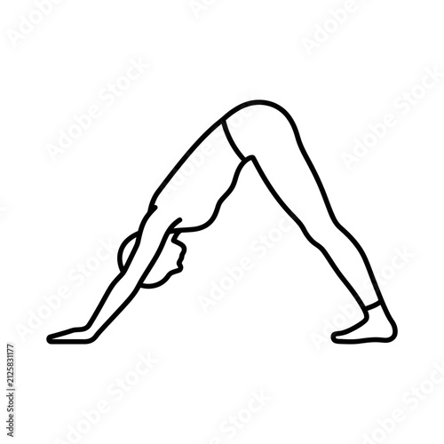 Minimalist line art icon of a person practicing downward facing dog yoga pose for health, fitness, and meditation concept