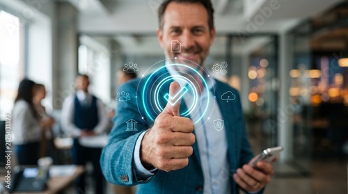 Cinematic businessman giving thumbs up with digital checkmark for quality assurance and success