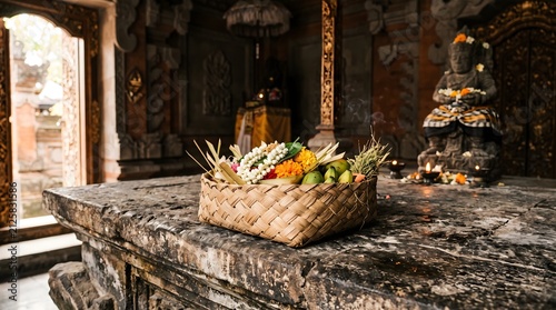 Handcrafted Woven Palm Offering Basket Resting on Ancient Stone Surface