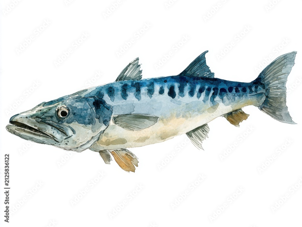 Obraz premium Watercolor Painting Of A Striped Barracuda Fish Isolated On A Clean White Background