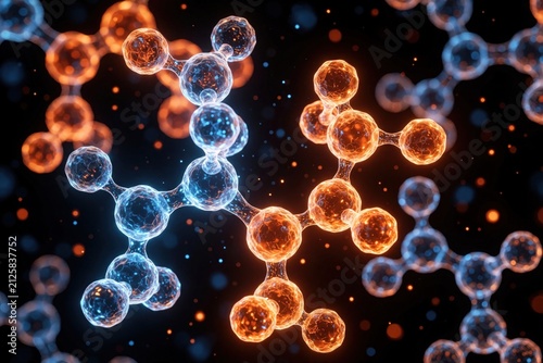Glowing blue, orange molecule structures represent glutathione balance. Microscopic chemical bonds visualize cellular antioxidant defense system fighting oxidative stress. Science illustration shows