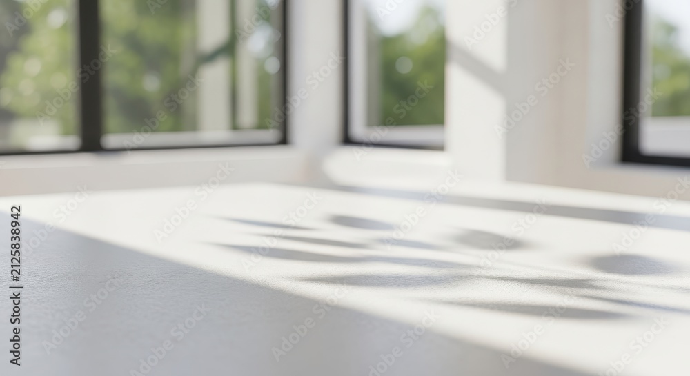 Fototapeta premium Minimalist White Table Surface with Soft Leaf Shadows and Blurred Window Background for Product Mockup