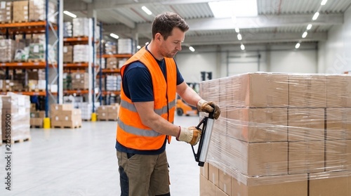 Warehouse worker applying pallet wrap film to boxes in storage area  