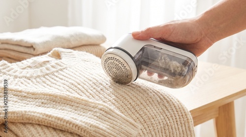 Fabric shaver removing pilling balls from knitted sweater on table  