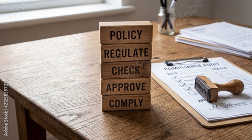Compliance audit concept with wooden blocks labeled policy regulate check approve comply on office desk