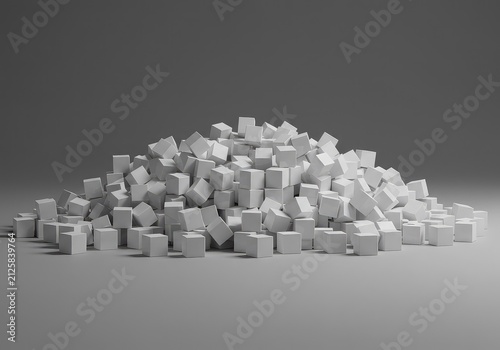 A massive, overwhelming collection of identical white cubes scattered randomly across a stark, empty gray floor, symbolizing chaos and lack of structure, geometric, inefficiency, haphazard