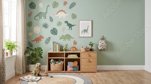 Front View of Dinosaur Themed Kids Room Wall with Sage Green Decor, Wooden Toys, Storage Cabinet and Large Copy Space