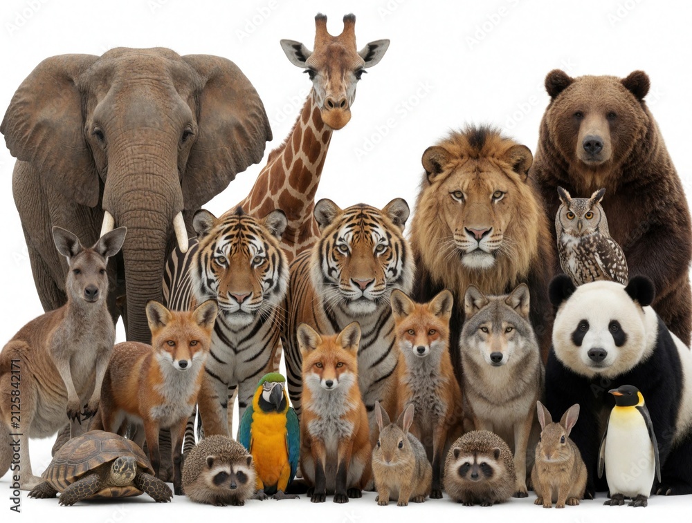 Obraz premium Group of wild animals stands together against white background. African elephant giraffe lion tiger panda bear wolf kangaroo fox raccoon rabbit owl penguin parrot tortoise hedgehog. Diverse mammal