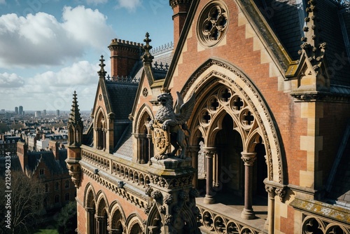 Gothic architecture with winged lion statue holding stone shield on historic roof. Red brick building featuring pointed arches, ornate carved pillars overlooking city skyline. Ancient european