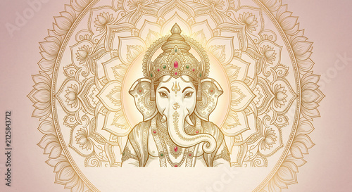 Ganesha with Lotus Mandala Background, Ganesh Chaturthi Greeting Illustration