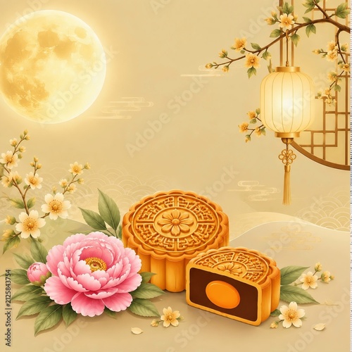 Luxury Mid Autumn Festival scene with cute white rabbits, golden mooncake, full moon, and lantern in elegant Chinese style. Perfect for holiday background, greeting card, and seasonal design.