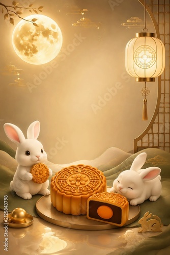 Luxury Mid Autumn Festival scene with cute white rabbits, golden mooncake, full moon, and lantern in elegant Chinese style. Perfect for holiday background, greeting card, and seasonal design.