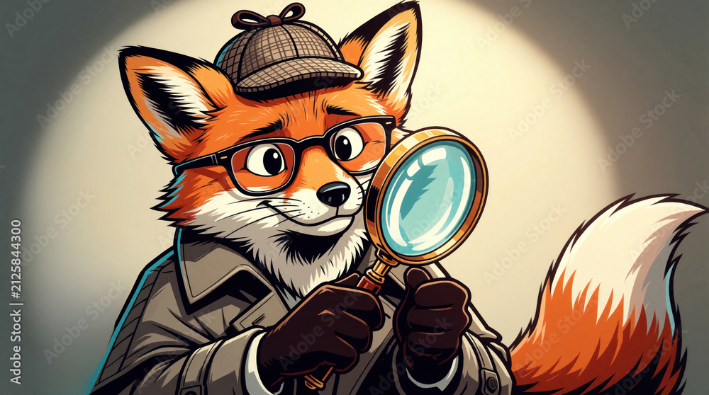 Obraz premium Cute cartoon red fox detective wearing deerstalker hat, glasses. Smart animal sleuth holds magnifying glass to find clues. Whimsical character investigates mystery case in funny illustration style.