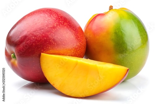 Two Whole Ripe Mangoes and One Fresh Mango Slice Isolated on White Background fruit