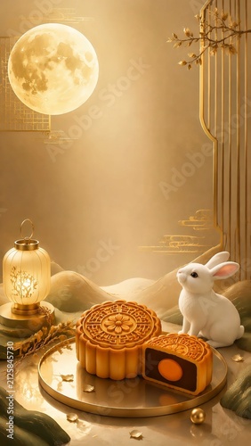 Luxury Mid Autumn Festival scene with cute white rabbits, golden mooncake, full moon, and lantern in elegant Chinese style. Perfect for holiday background, greeting card, and seasonal design.