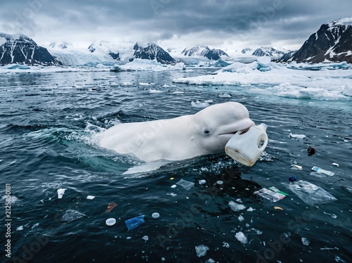 White beluga whale dangerously holding an empty plastic jug in its mouth