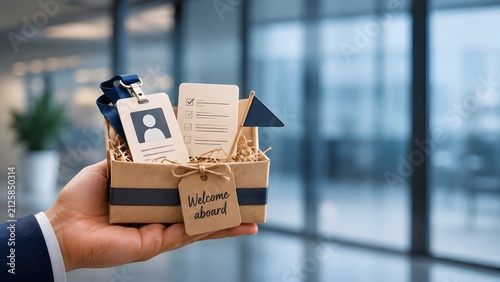 Employee onboarding welcome kit in cardboard box containing identification badge and orientation checklist for new human resources hire