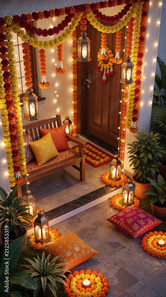 Fototapeta premium Decorated home entrance during Navaratri festival in India. Marigold flower garlands hang on doorway with metal lanterns, electric lights. Wooden bench with colourful cushions sits on porch. House