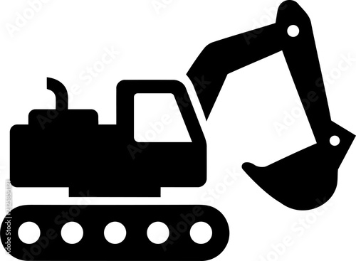 Black excavator icon for construction and building sites isolated on transparent background