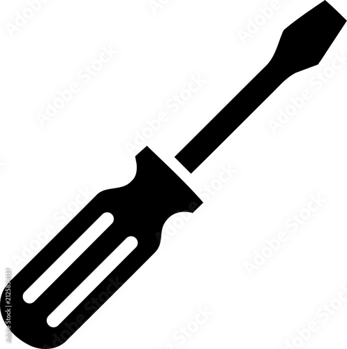 Black flathead screwdriver icon for repair and construction isolated on transparent background