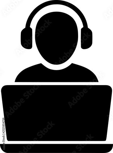 Person with headphones using a laptop computer icon isolated on transparent background
