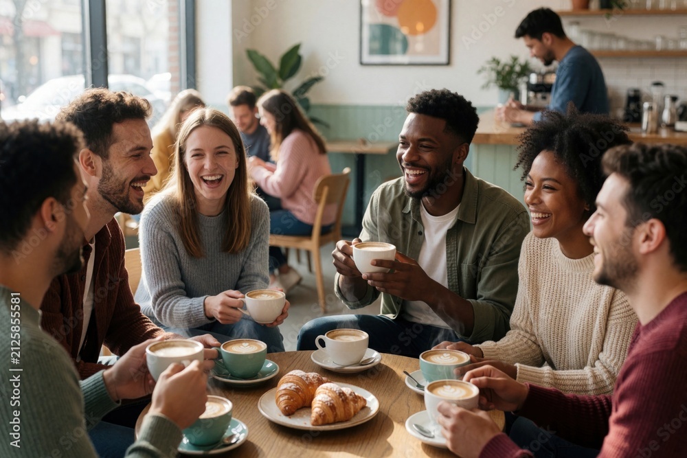 Fototapeta premium Diverse group of friends laugh, chat while drinking coffee, eating croissants at cafe table. People enjoy conversation, bonding over hot beverages, pastries. Relaxed, happy social gathering indoors.