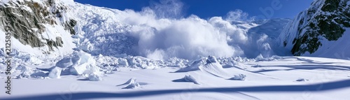 Massive avalanche crashing down steep snowy mountain peaks in a winter landscape