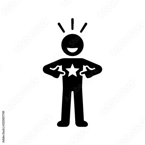 Proud pictogram of a person pointing thumbs at themselves with a star on their chest
