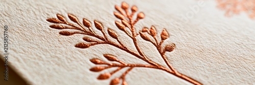 Intricate copper foil botanical branch with berries on textured beige surface