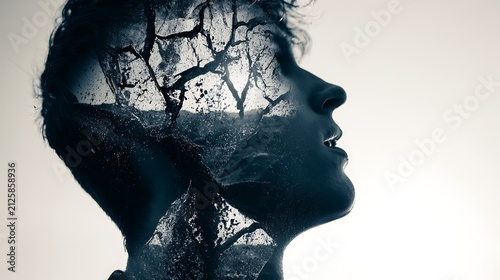 Prompt: A surreal double exposure portrait. A sharp silhouette profile of an exhausted man is filled with a dark landscape of black sand leaking from a giant cracked hourglass. Shot on Leica 