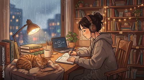 A girl studying in an indoor space suitable for a lo-fi background.