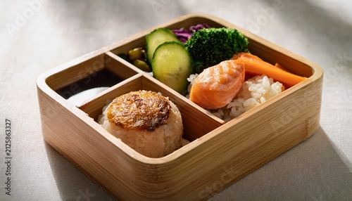 фотографія Wooden bento box with rice ball grilled salmon and pickled vegetables