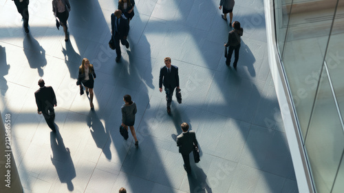 Business people top view walking office lobby shadow modern architecture corporate commuter bright atrium with long shadows