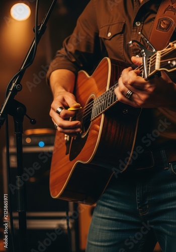 Close-up of a Musician Playing an Acoustic Guitar on Stage with Warm Lighting and Microphone Stand