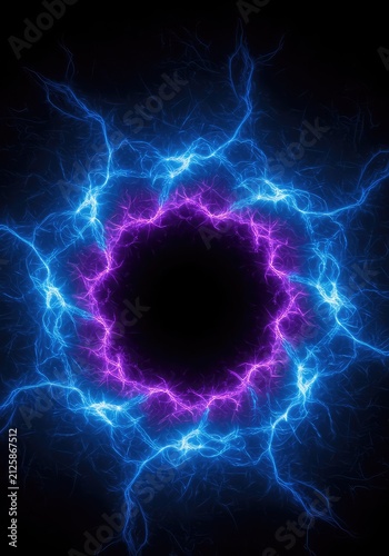 Intense energy plasma discharge background forming abstract fractal patterns of blue and purple light on a dark field, energy, design, banner