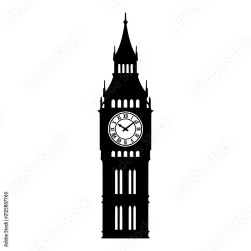 Big ben clock tower silhouette icon vector isolated on plain white background.