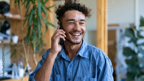 A happy man with curly hair talking on his phone, smiling broadly. He is wearing a blue shirt and appears to be in an office or home environment.