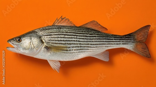 Fresh striped fish on vibrant orange background for culinary and aquatic themed creative projects and marketing materials