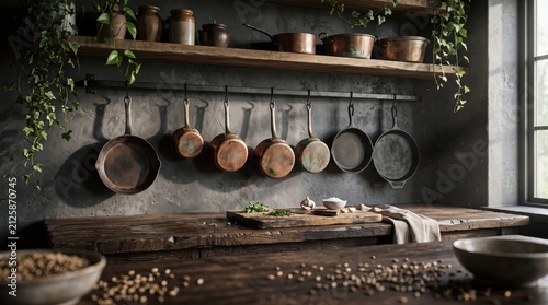 Rustic kitchen interior featuring hanging copper cookware above a weathered wooden countertop surface setting
