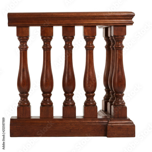Wooden balustrade railing section. Classic brown wood staircase banister isolated on white.