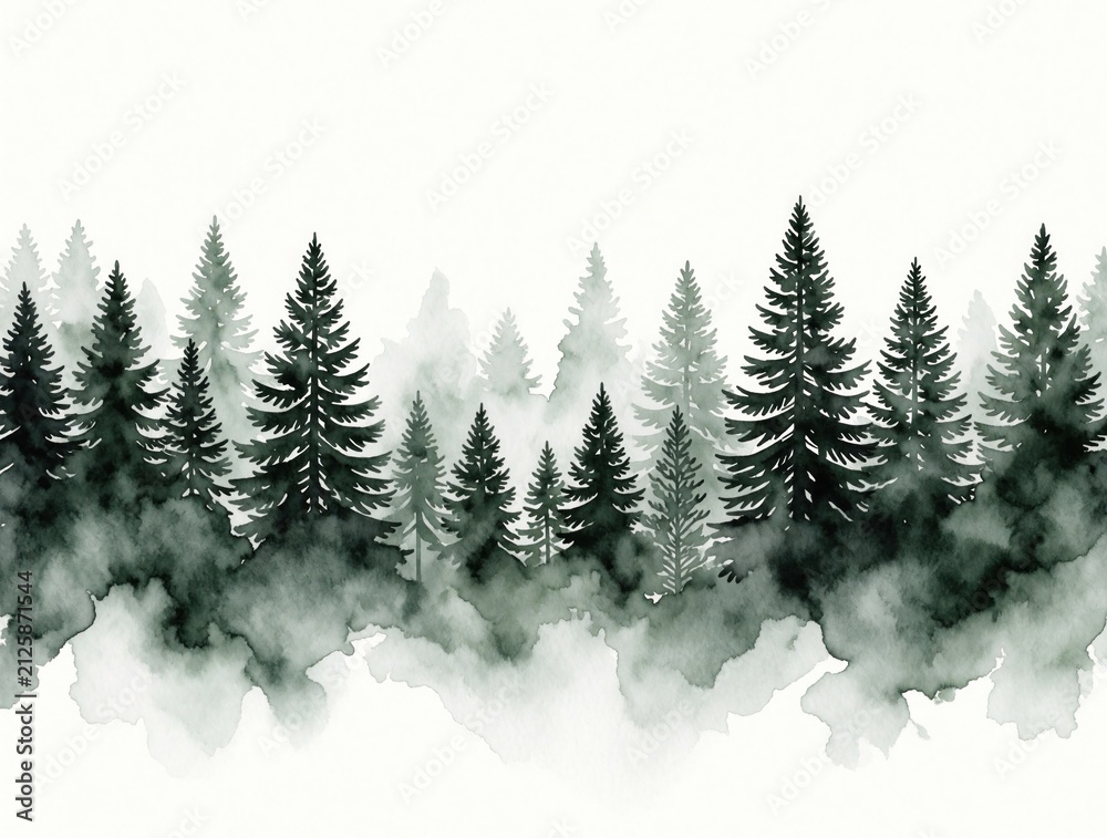 Obraz premium Watercolor painting shows a forest line with dark green pine trees. Fog or mist surrounds the trees creating a moody serene atmosphere. This artwork is great for backgrounds and nature themed designs.