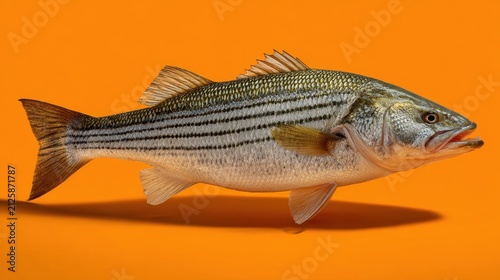 Striped Fish on Bright Orange Background Perfect for Modern Culinary or Aquatic Designs and Illustrations