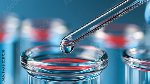 Close-up of a pipette dropping liquid into a glass test tube in a laboratory setting.