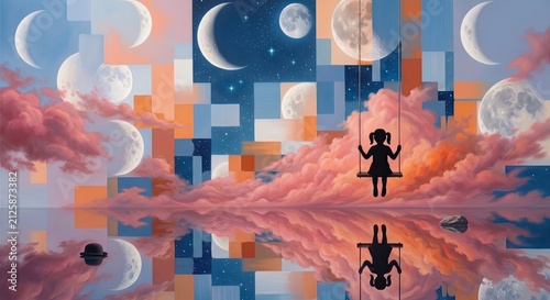 A girl swings amidst clouds, moons and geometric shapes in a surreal landscape.