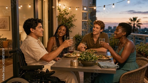 Young power wheelchair user raises a glass with three multicultural friends over a fresh evening meal beneath string lights on an accessible city balcony at blue hour overlooking a sunset skyline